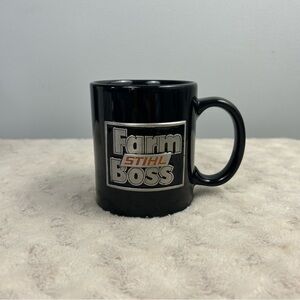 Stihl Farm Boss Coffee Mug Cup Black Orange Pewter Emblem Advertising Promo